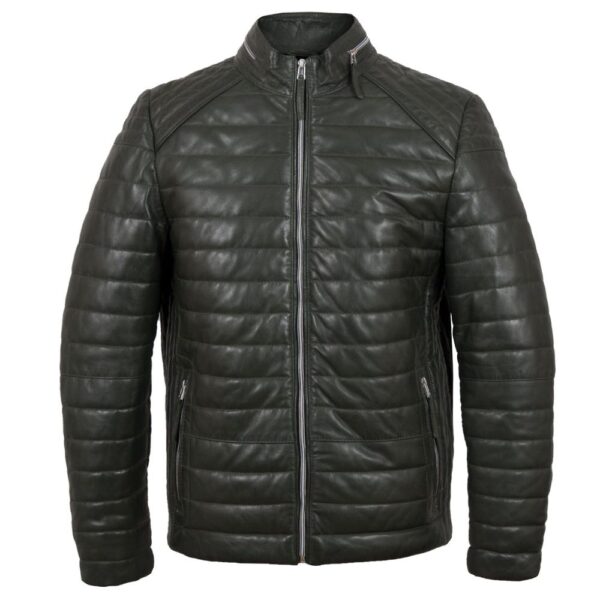 Men's Olive Puffer Real Leather Jacket