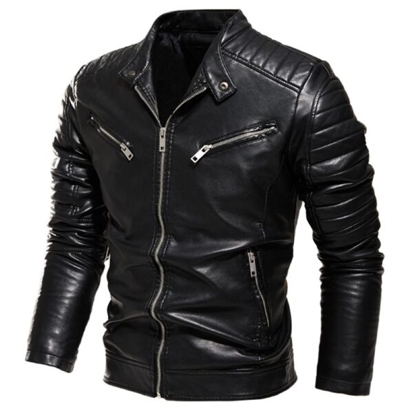 Men’s Black Motorcycle Casual Leather Jacket - Image 2