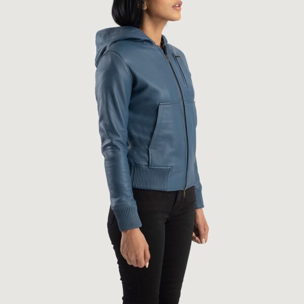 Womens  Blue Hooded Leather Bomber Jacket - Image 2