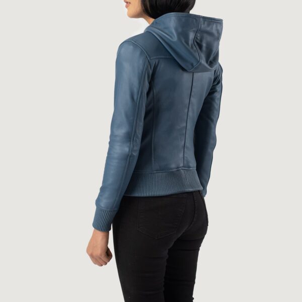 Womens  Blue Hooded Leather Bomber Jacket - Image 4