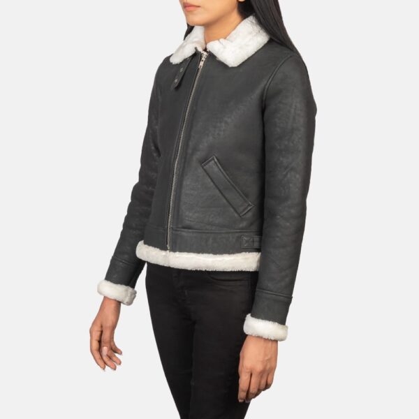 Womens Black & White Leather Bomber Jacket - Image 3