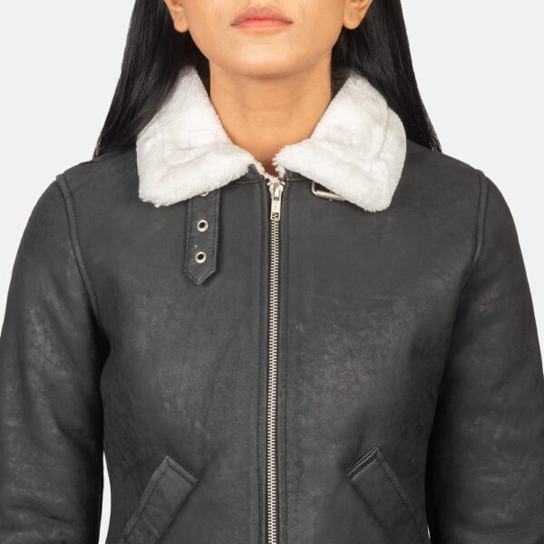 Womens Black & White Leather Bomber Jacket - Image 2