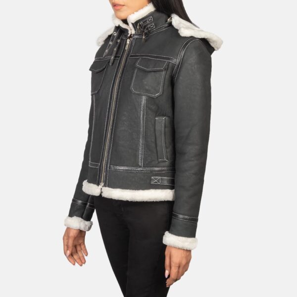 Womens Black Hooded Shearling Leather Jacket - Image 3