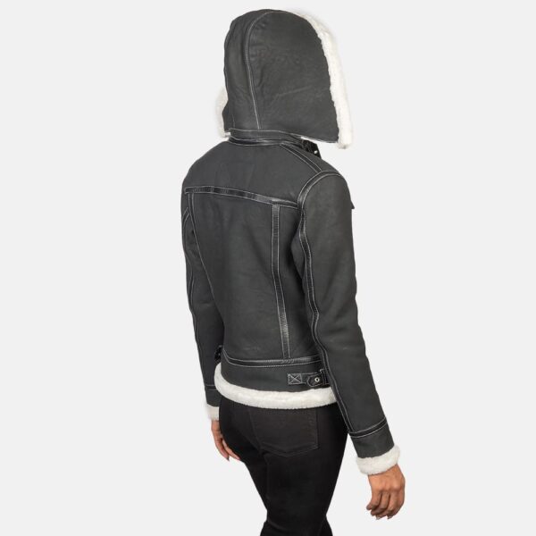 Womens Black Hooded Shearling Leather Jacket - Image 4