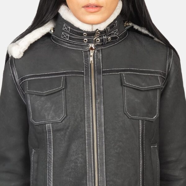 Womens Black Hooded Shearling Leather Jacket - Image 2